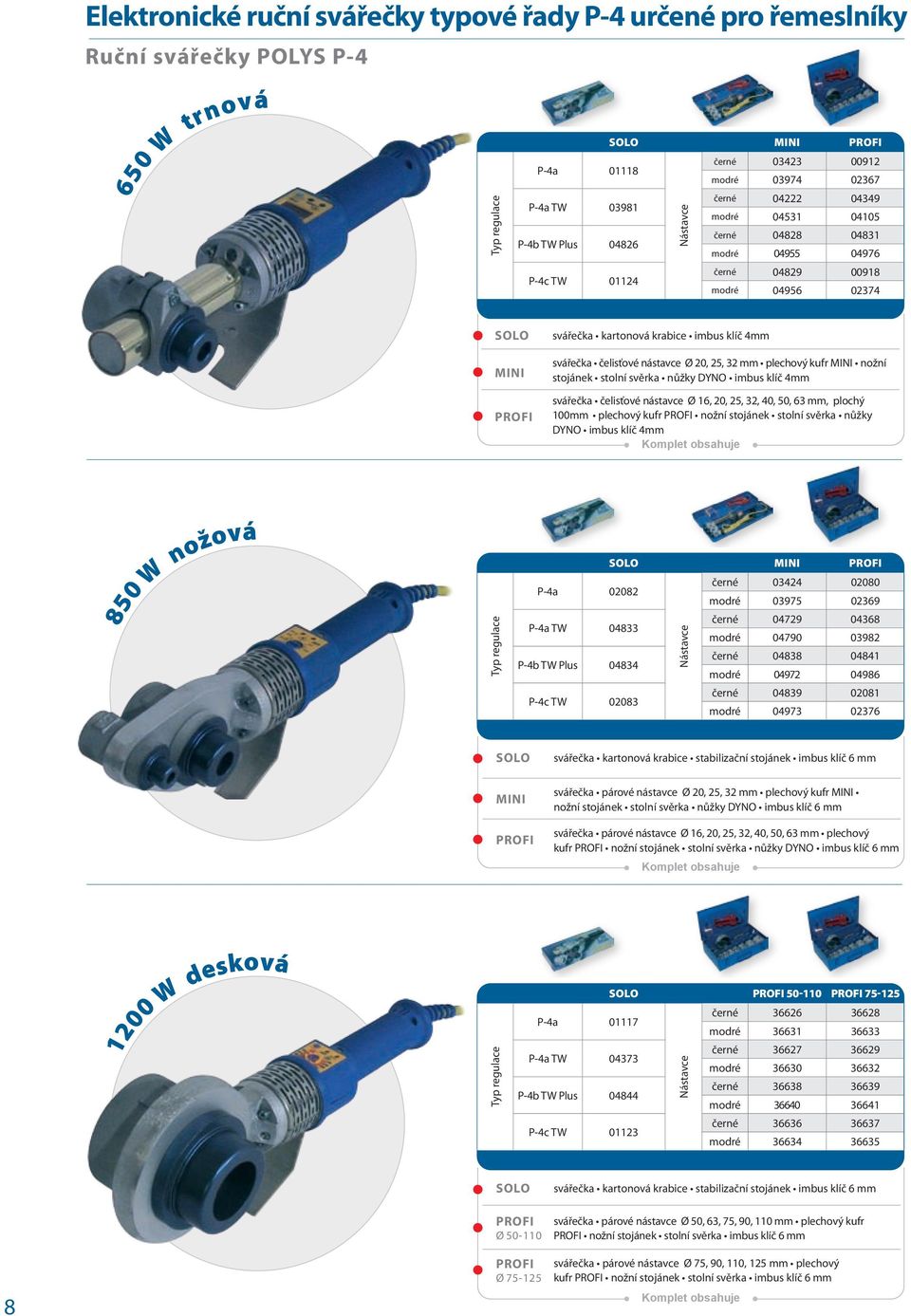 Nástavce černé 03423 00912 modré 03974 02367 černé 04222 04349 modré 04531 04105 černé 04828 04831 modré 04955 04976 černé 04829 00918 modré 04956 02374 SOLO MINI PROFI svářečka kartonová krabice