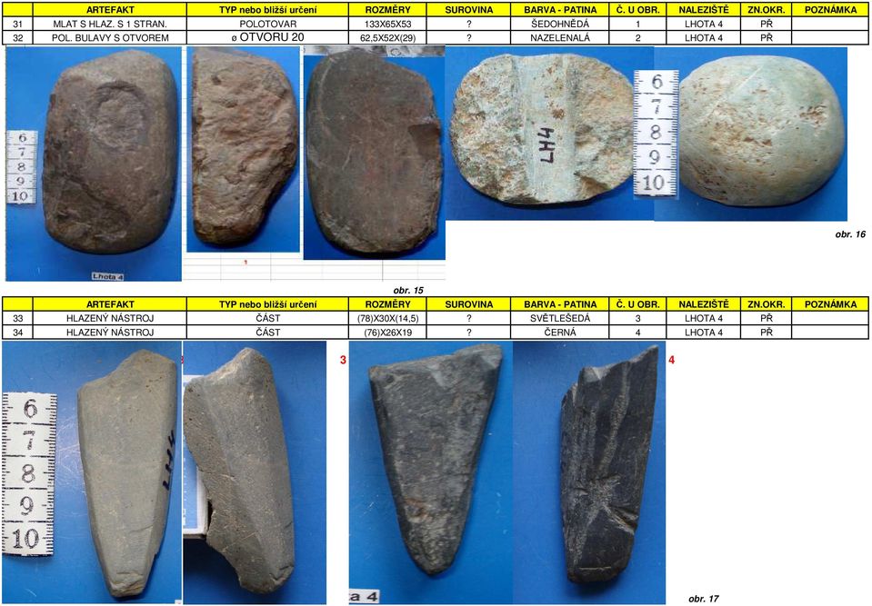 NAZELENALÁ 2 LHOTA 4 PŘ obr. 16 obr. 15 ARTEFAKT TYP nebo bližší určení ROZMĚRY SUROVINA BARVA - PATINA Č. U OBR.