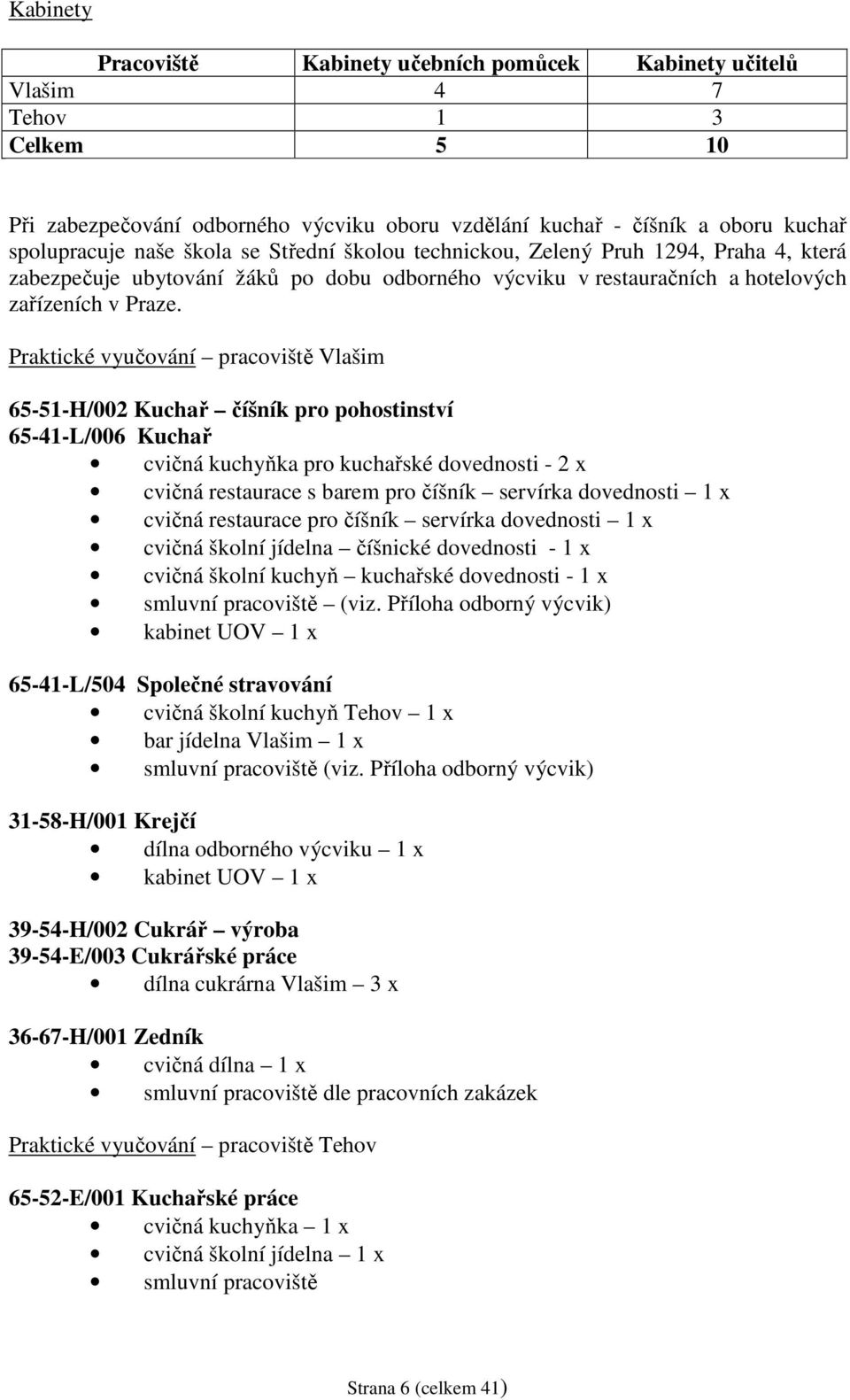 Praktické vyučování pracoviště Vlašim 65-51-H/002 Kuchař číšník pro pohostinství 65-41-L/006 Kuchař cvičná kuchyňka pro kuchařské dovednosti - 2 x cvičná restaurace s barem pro číšník servírka