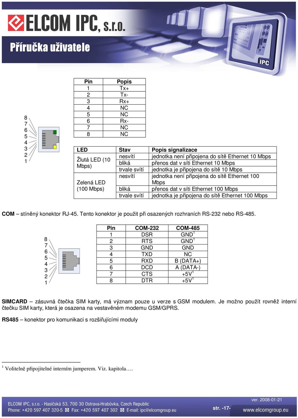 trvale svítí jednotka je připojena do sítě Ethernet 100 Mbps COM stíněný konektor RJ-45. Tento konektor je použit při osazených rozhraních RS-232 nebo RS-485.