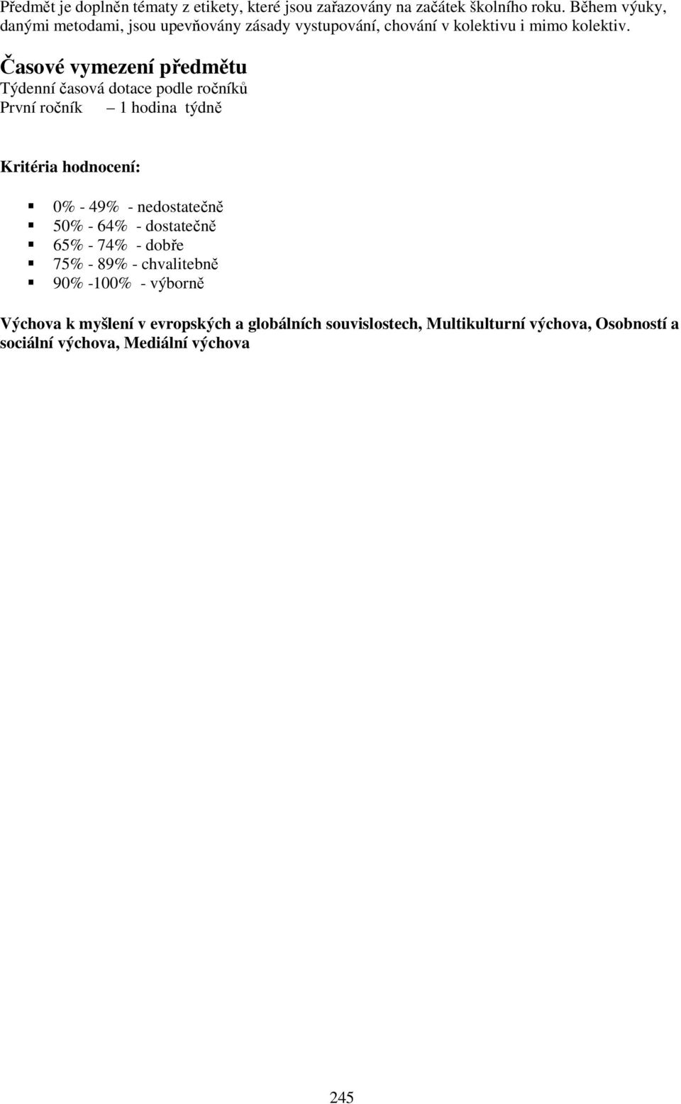 Časové vymezení předmětu Týdenní časová dotace podle ročníků První ročník 1 hodina týdně Kritéria hodnocení: 0% - 49% - nedostatečně