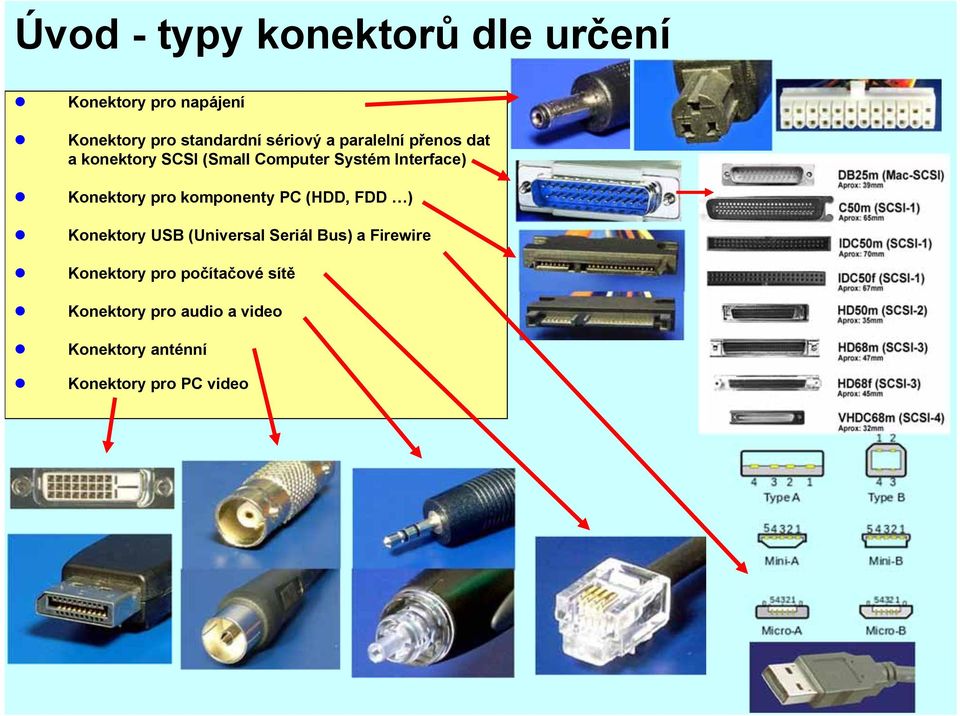 Konektory pro komponenty PC (HDD, FDD ) Konektory USB (Universal Seriál Bus) a Firewire