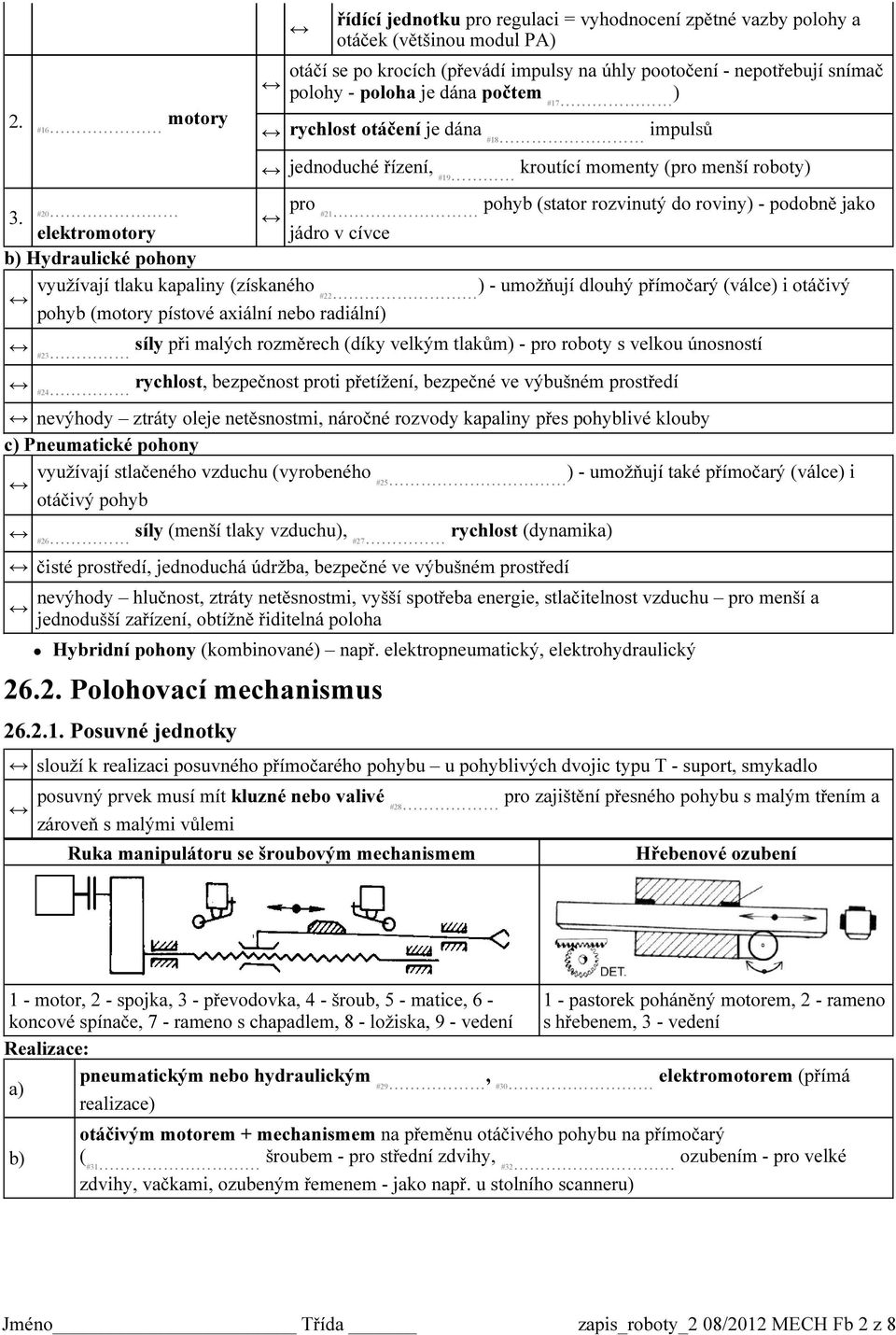 motory Hybridní pohony (kombinované) např. elektropneumatický, elektrohydraulický 26.2. Polohovací mechanismus 26.2.1.