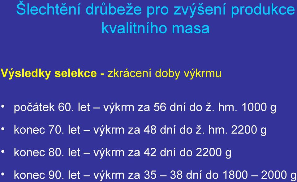 hm. 1000 g konec 70. let výkrm za 48 dní do ž. hm. 2200 g konec 80.