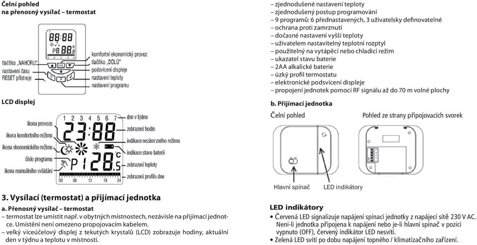 elektronické podsvícení displeje propojení jednotek pomocí RF signálu až do 70 m volné plochy b. Přijímací jednotka Čelní pohled Pohled ze strany připojovacích svorek 3.