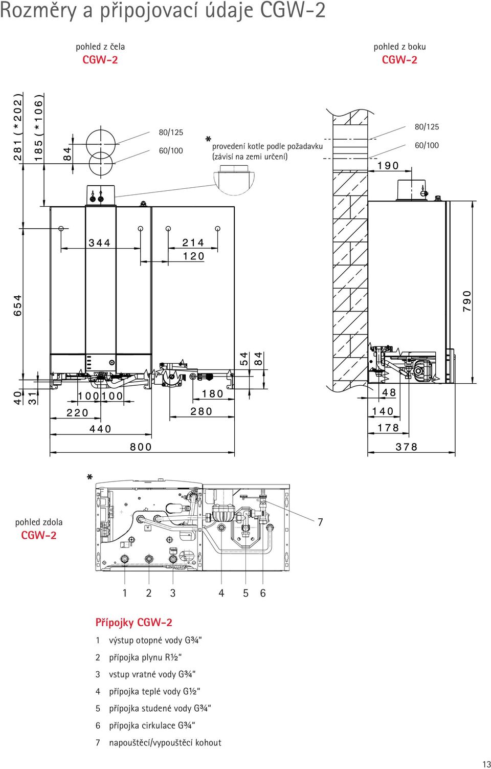 2 3 4 5 6 Přípojky CGW-2 1 výstup otopné vody G¾ 2 přípojka plynu R½ 3 vstup vratné vody G¾ 4