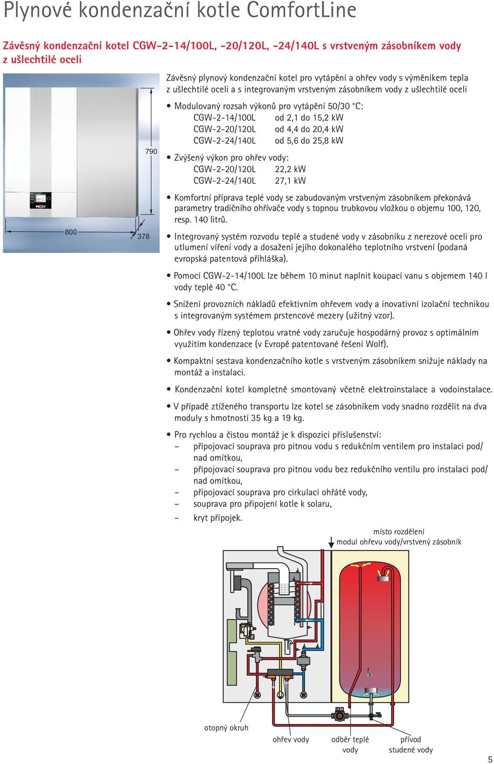 CGW-2-20/120L od 4,4 do 20,4 kw CGW-2-24/140L od 5,6 do 25,8 kw Zvýšený výkon pro ohřev vody: CGW-2-20/120L 22,2 kw CGW-2-24/140L 27,1 kw Komfortní příprava teplé vody se zabudovaným vrstveným