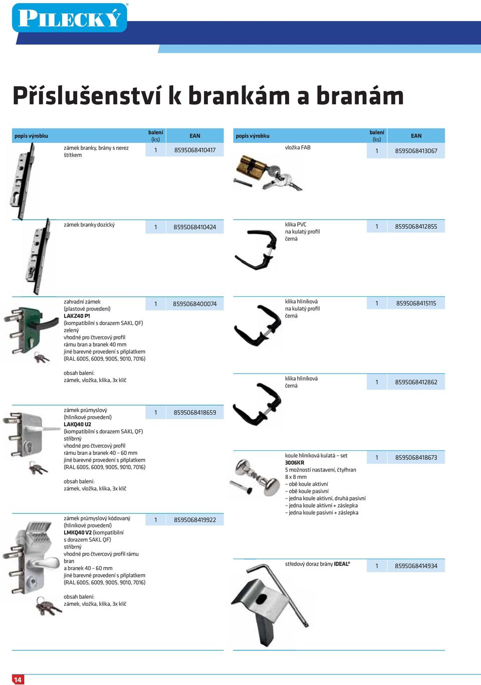 mm jiné barevné provedení s příplatkem (RAL 6005, 6009, 9005, 9010, 7016) 1 8595068400074 klika hliníková na kulatý profil černá 1 8595068415115 obsah balení: zámek, vložka, klika, 3x klíč klika