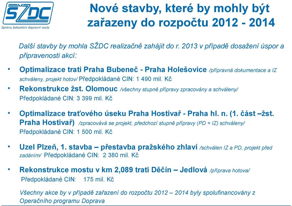 Kč Rekonstrukce žst. Olomouc /všechny stupně přípravy zpracovány a schváleny/ Předpokládané CIN: 3 399 mil. Kč Optimalizace traťového úseku Praha Hostivař - Praha hl. n. (1. část žst.