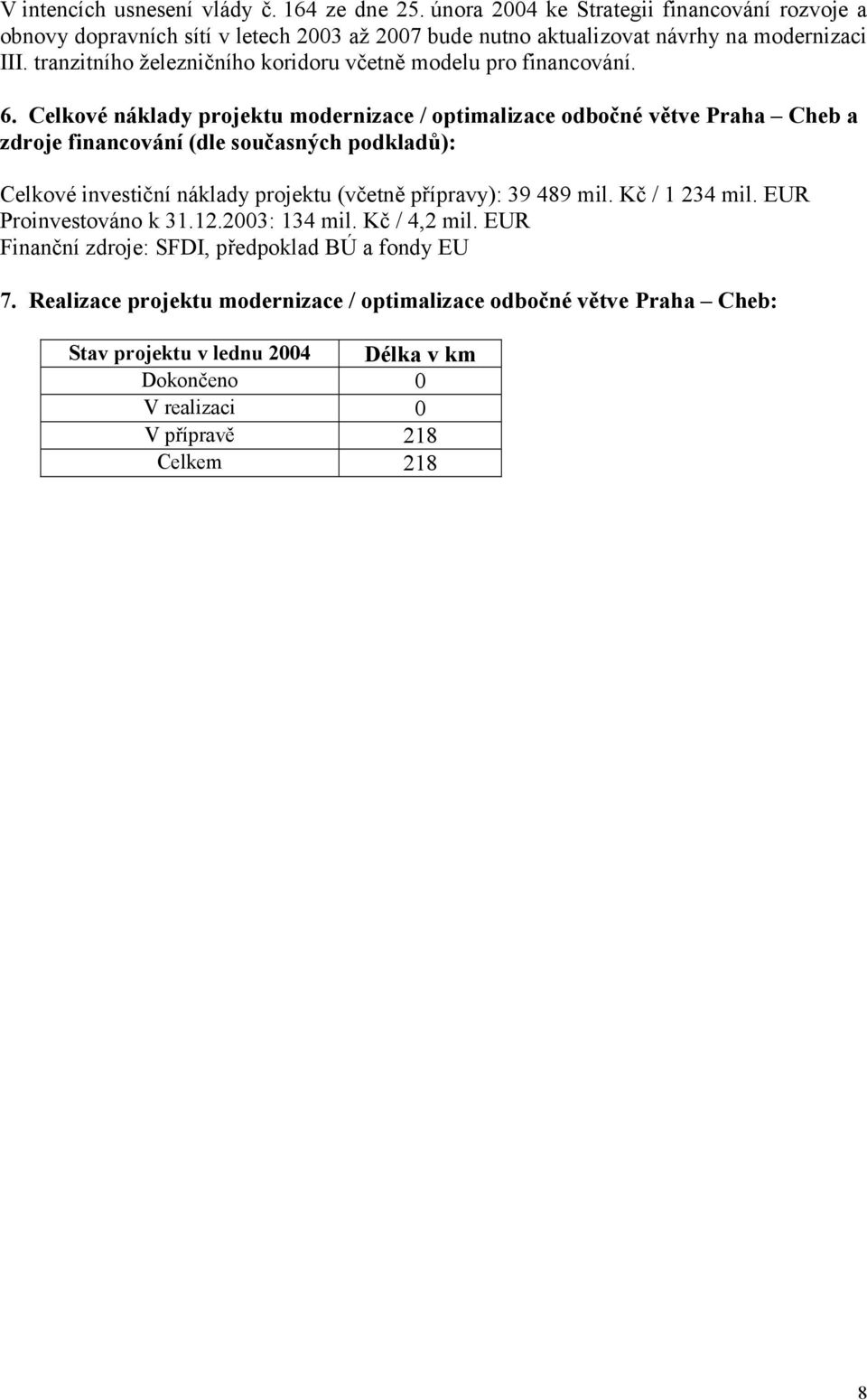 tranzitního železničního koridoru včetně modelu pro financování. 6.