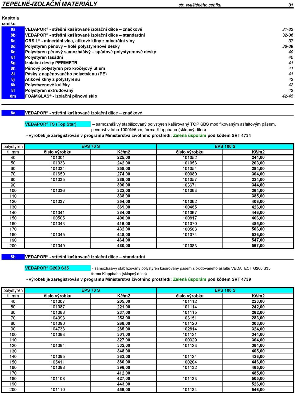 klíny z minerální vlny 37 8d Polystyren pěnový holé polystyrenové desky 38-39 8e Polystyren pěnový samozhášivý spádové polystyrenové desky 40 8f Polystyren fasádní 40 8g Izolační desky PERIMETR 41 8h