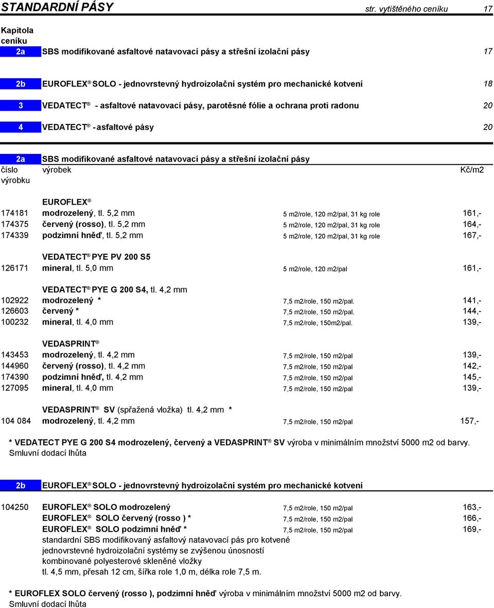 VEDATECT - asfaltové natavovací pásy, parotěsné fólie a ochrana proti radonu 20 4 VEDATECT - asfaltové pásy 20 2a SBS modifikované asfaltové natavovací pásy a střešní izolační pásy číslo výrobek