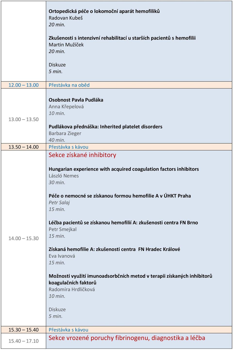 00 Přestávka s kávou Sekce získané inhibitory Hungarian experience with acquired coagulation factors inhibitors László Nemes Péče o nemocné se získanou formou hemofilie A v ÚHKT Praha Petr Salaj 14.