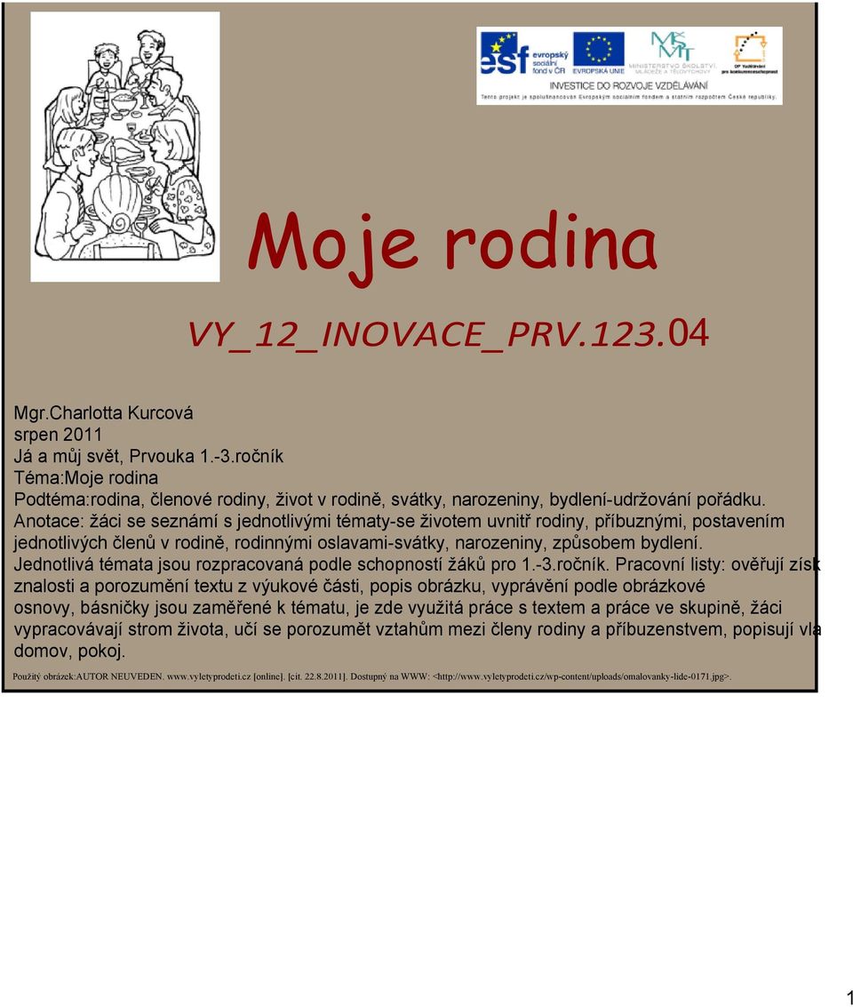 Anotace: žáci se seznámí s jednotlivými tématy se životem uvnitř rodiny, příbuznými, postavením jednotlivých členů v rodině, rodinnými oslavami svátky, narozeniny, způsobem bydlení.