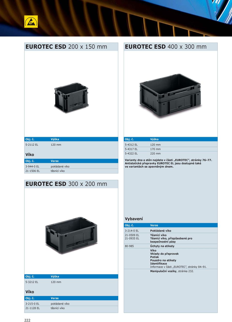 EUROTEC ESD 300 x 200 mm Výška 5-3212 EL 120 mm 3-214-0 EL Pokládané víko 21-0509 EL Těsnící víko 21-0935 EL Těsnící víko, přizpůsobené pro bezpečnostní pásy 80-985 Úchyty