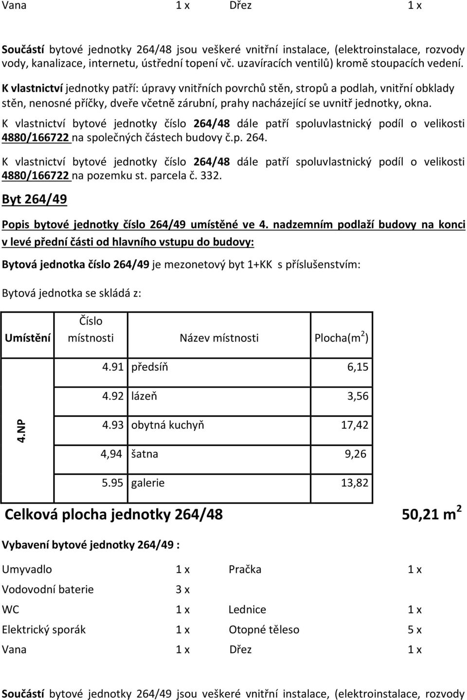 48 dále patří spoluvlastnický podíl o velikosti 4880/166722 na společných částech budovy č.p. 264.