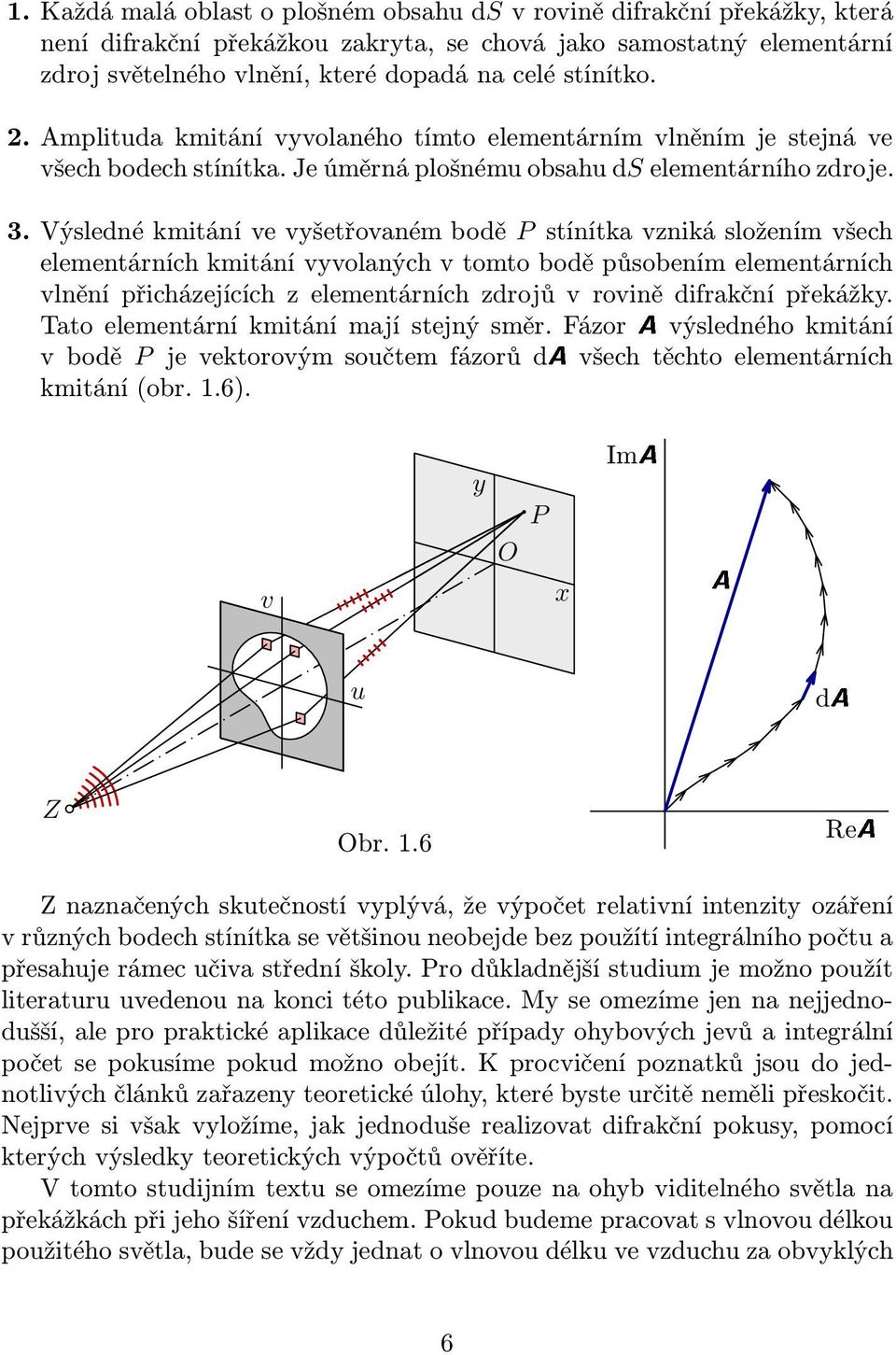 Výsledné kmitání ve vyšetřovaném bodě P stínítka vzniká složením všech elementárních kmitání vyvolaných v tomto bodě působením elementárních vlnění přicházejících z elementárních zdrojů v rovině