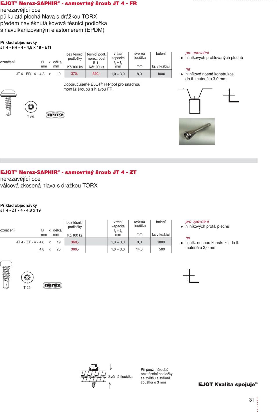 materiálu 3,0 EJOT Nerez-SAPHIR - samovrtný šroub JT4 - ZT válcová zkosená hlava s drážkou TORX JT4 - ZT - 4-4,8 x 19 JT4 - ZT - 4-4,8 x 19