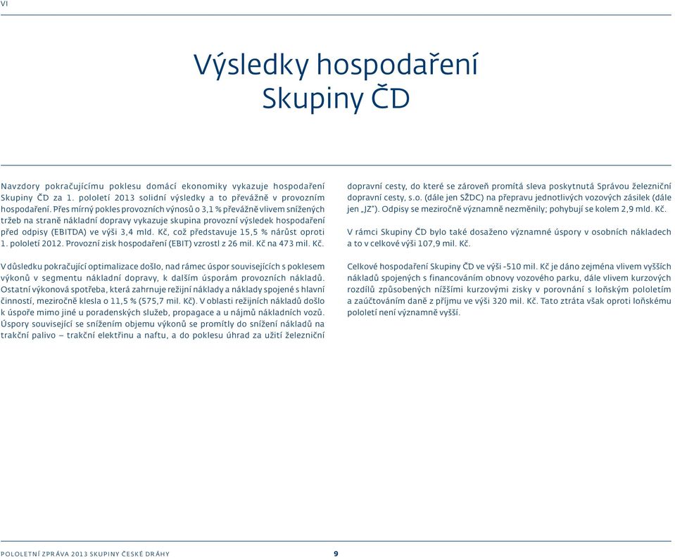 Kč, což představuje 15,5 % nárůst oproti 1. pololetí 2012. Provozní zisk hospodaření (EBIT) vzrostl z 26 mil. Kč 