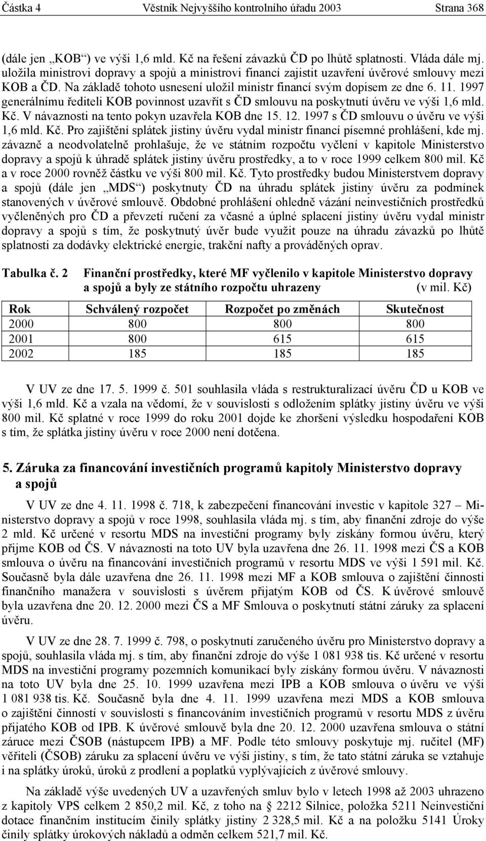 1997 generálnímu řediteli KOB povinnost uzavřít s ČD smlouvu na poskytnutí úvěru ve výši 1,6 mld. Kč. V návaznosti na tento pokyn uzavřela KOB dne 15. 12. 1997 s ČD smlouvu o úvěru ve výši 1,6 mld.