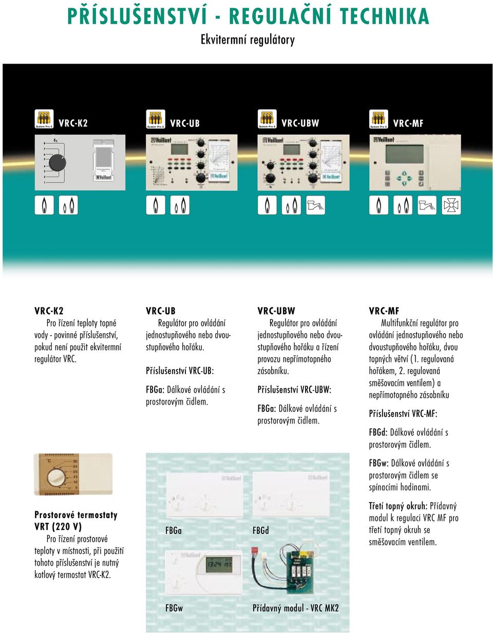 VRC-UBW Regulátor pro ovládání jednostupňového nebo dvoustupňového hořáku a řízení provozu nepřímotopného zásobníku. VRC-UBW: FBGa: Dálkové ovládání s prostorovým čidlem.