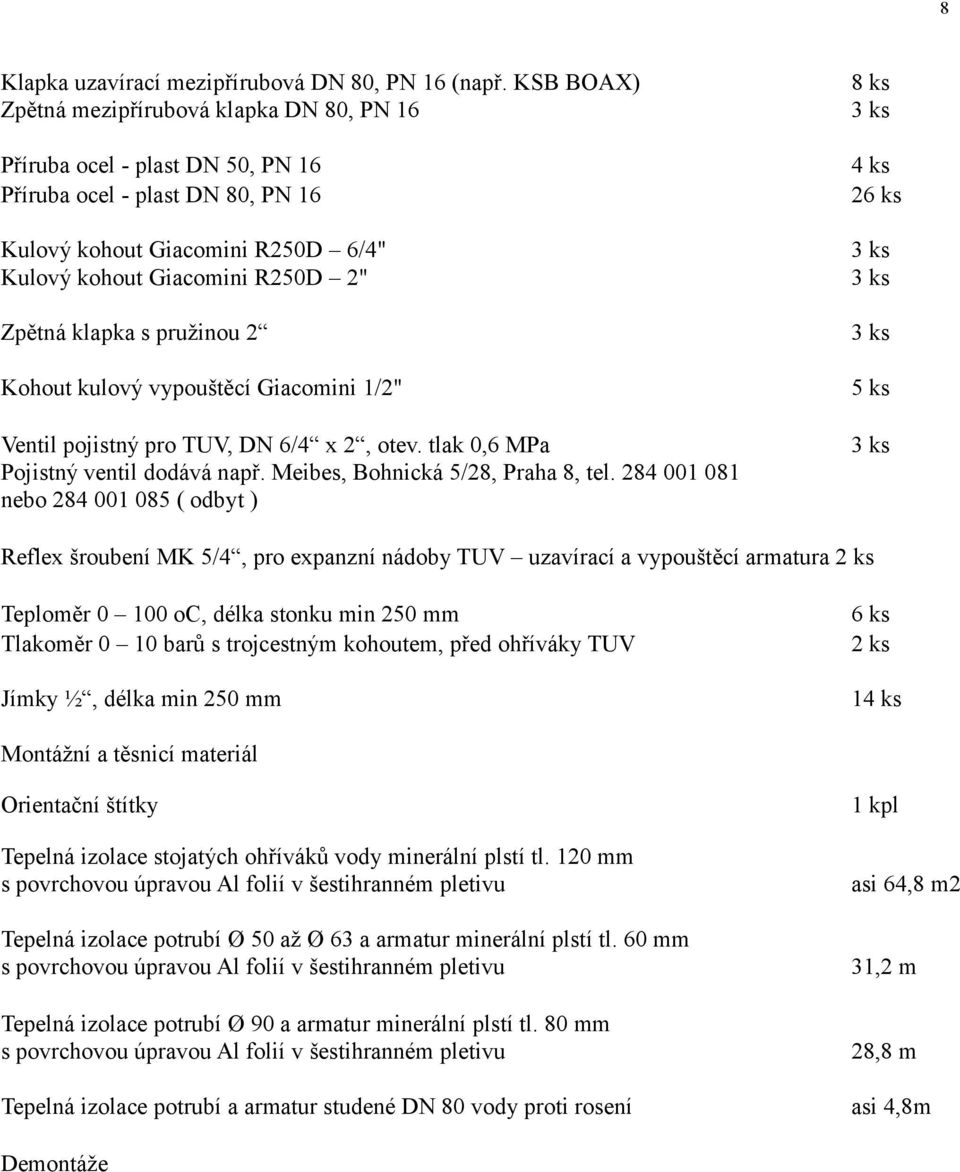 klapka s pružinou 2 Kohout kulový vypouštěcí Giacomini 1/2" Ventil pojistný pro TUV, DN 6/4 x 2, otev. tlak 0,6 MPa Pojistný ventil dodává např. Meibes, Bohnická 5/28, Praha 8, tel.