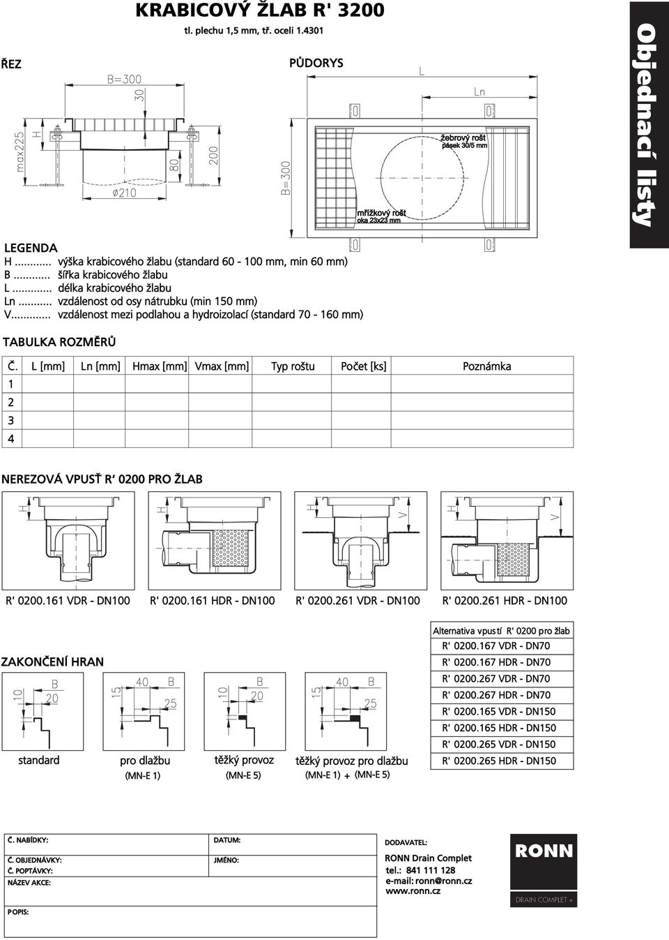 .. vzdálenost šířka krabicového mezi podlahou žlabu a hydroizolací (standard 70-160 mm) L... délka krabicového žlabu TABULKA Ln... ROZMĚRŮ vzdálenost od osy nátrubku (min 150 mm) V.