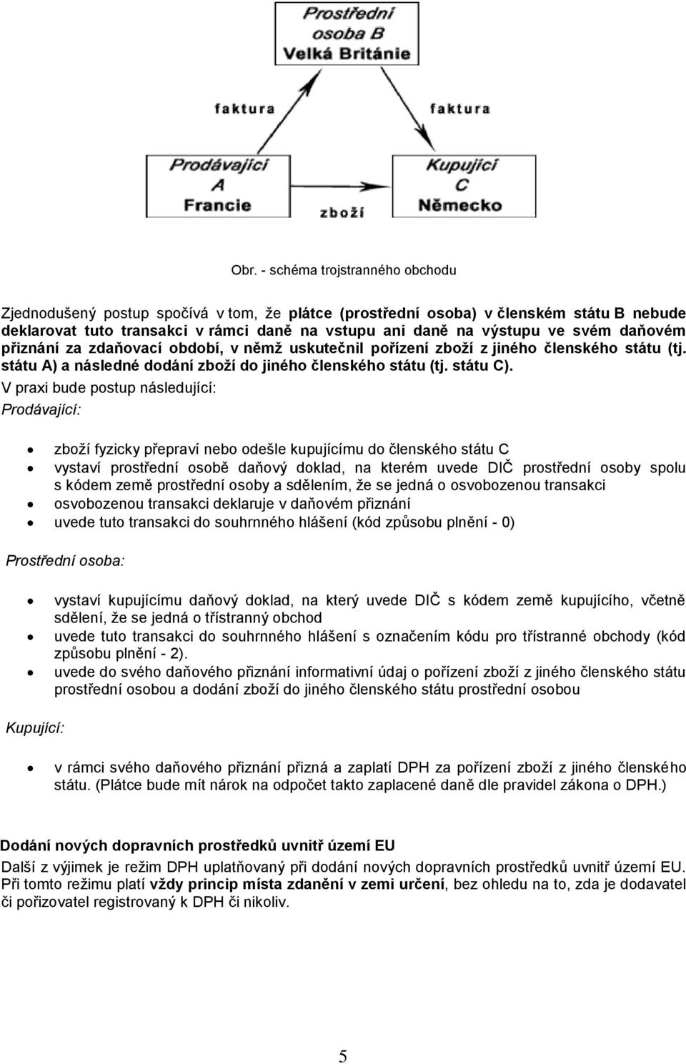 V praxi bude postup následující: Prodávající: zboží fyzicky přepraví nebo odešle kupujícímu do členského státu C vystaví prostřední osobě daňový doklad, na kterém uvede DIČ prostřední osoby spolu s