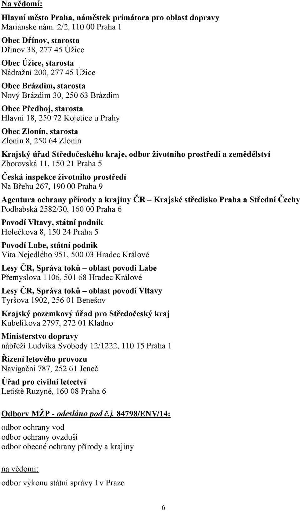 18, 250 72 Kojetice u Prahy Obec Zlonín, starosta Zlonín 8, 250 64 Zlonín Krajský úřad Středočeského kraje, odbor životního prostředí a zemědělství Zborovská 11, 150 21 Praha 5 Česká inspekce