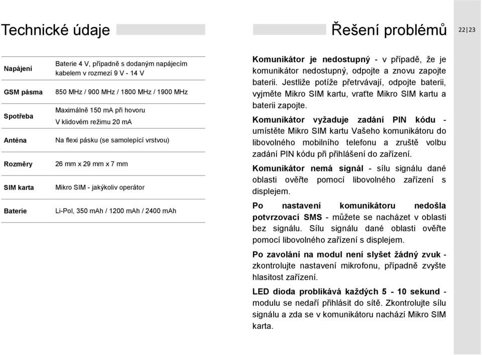 Komunikátor je nedostupný - v případě, že je komunikátor nedostupný, odpojte a znovu zapojte baterii.