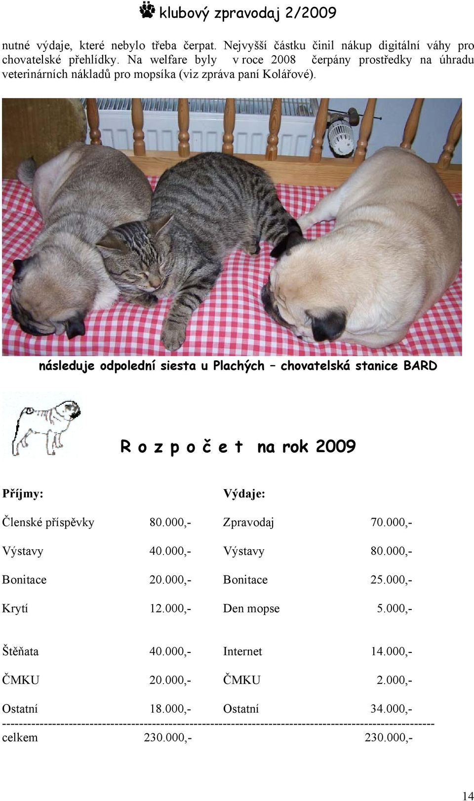 následuje odpolední siesta u Plachých chovatelská stanice BARD R o z p o č e t na rok 2009 Příjmy: Výdaje: Členské příspěvky 80.000,- Zpravodaj 70.000,- Výstavy 40.
