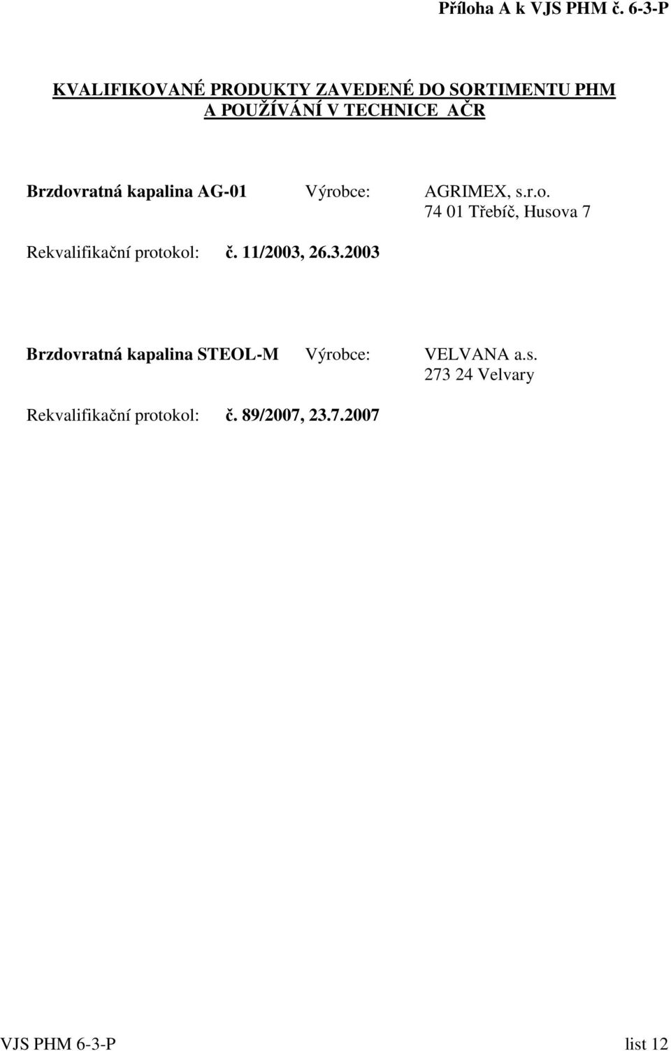 Brzdovratná kapalina AG-01 Výrobce: AGRIMEX, s.r.o. 74 01 Třebíč, Husova 7 Rekvalifikační protokol: č.