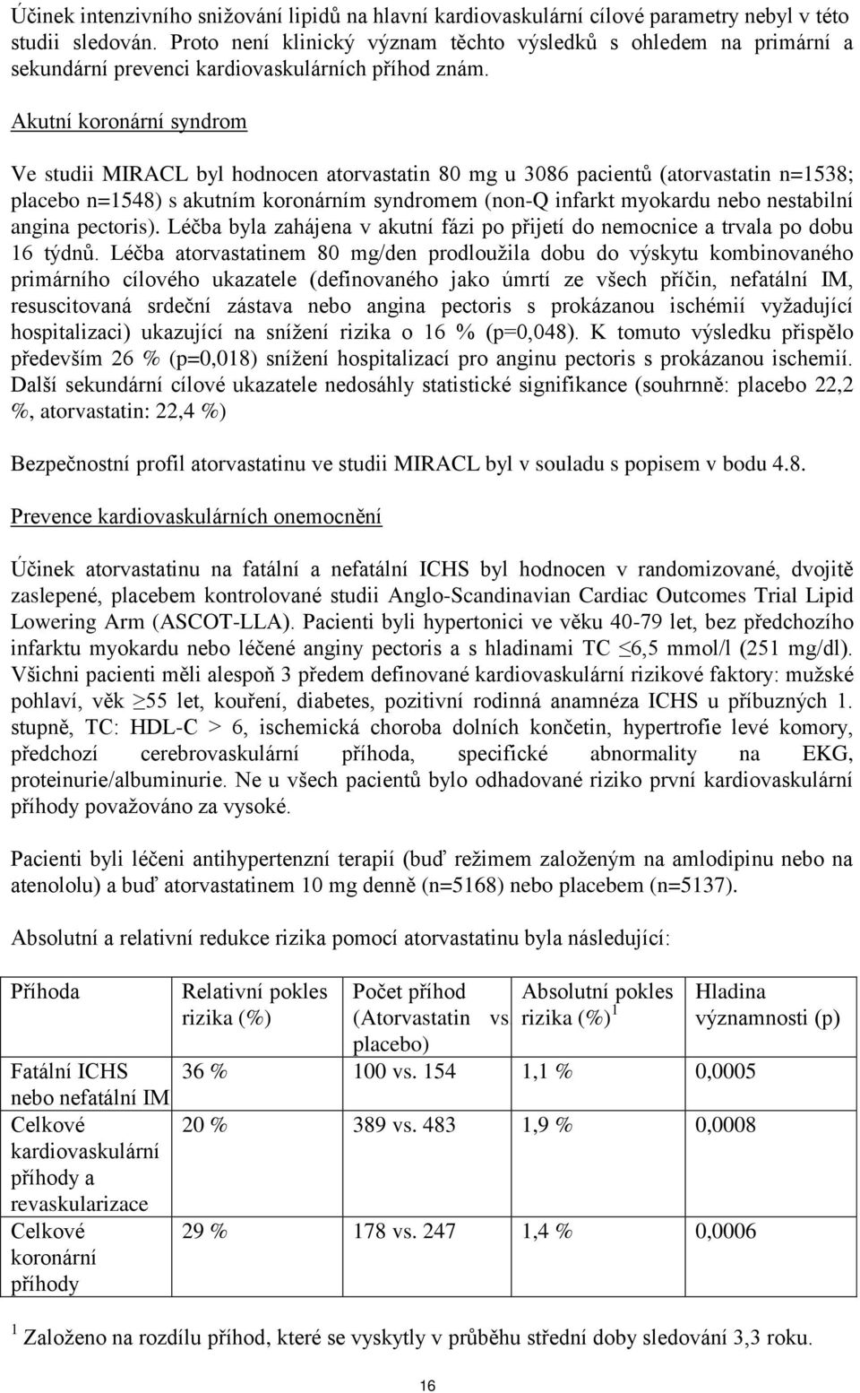 Akutní koronární syndrom Ve studii MIRACL byl hodnocen atorvastatin 80 mg u 3086 pacientů (atorvastatin n=1538; placebo n=1548) s akutním koronárním syndromem (non-q infarkt myokardu nebo nestabilní