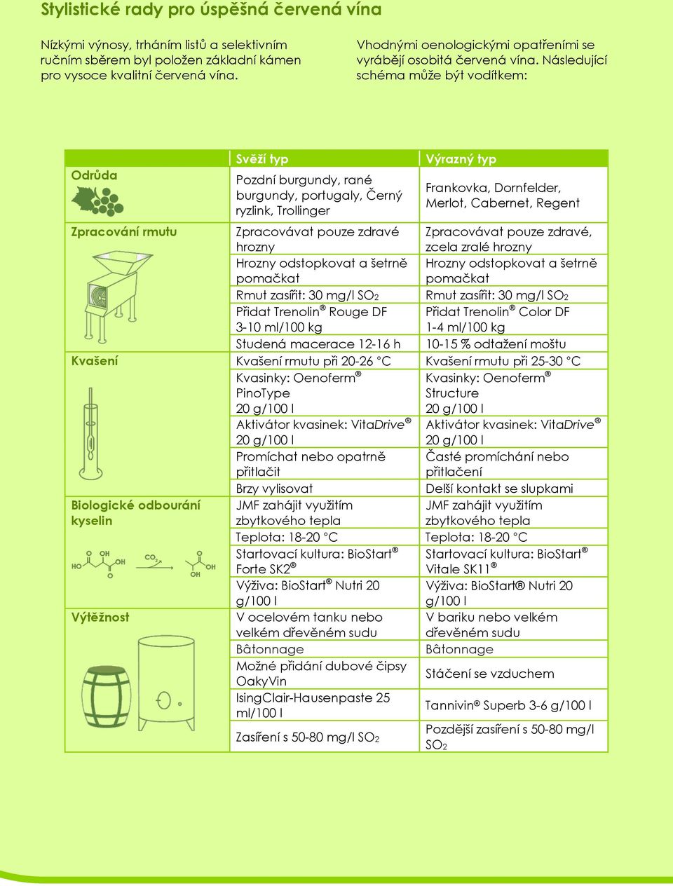 Následující schéma může být vodítkem: Odrůda Svěží typ Pozdní burgundy, rané burgundy, portugaly, Černý ryzlink, Trollinger Výrazný typ Frankovka, Dornfelder, Merlot, Cabernet, Regent Zpracování