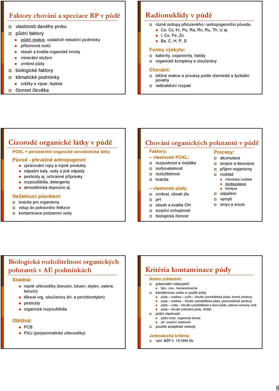 I, Co, Fe, Zn Ba, C, H, P, S Formy výskytu: kationty, oxyanionty, halidy organické komplexy a sloučeniny Chování: běžné reakce a procesy podle chemické a fyzikální povahy radioaktivní rozpad Cizorodé