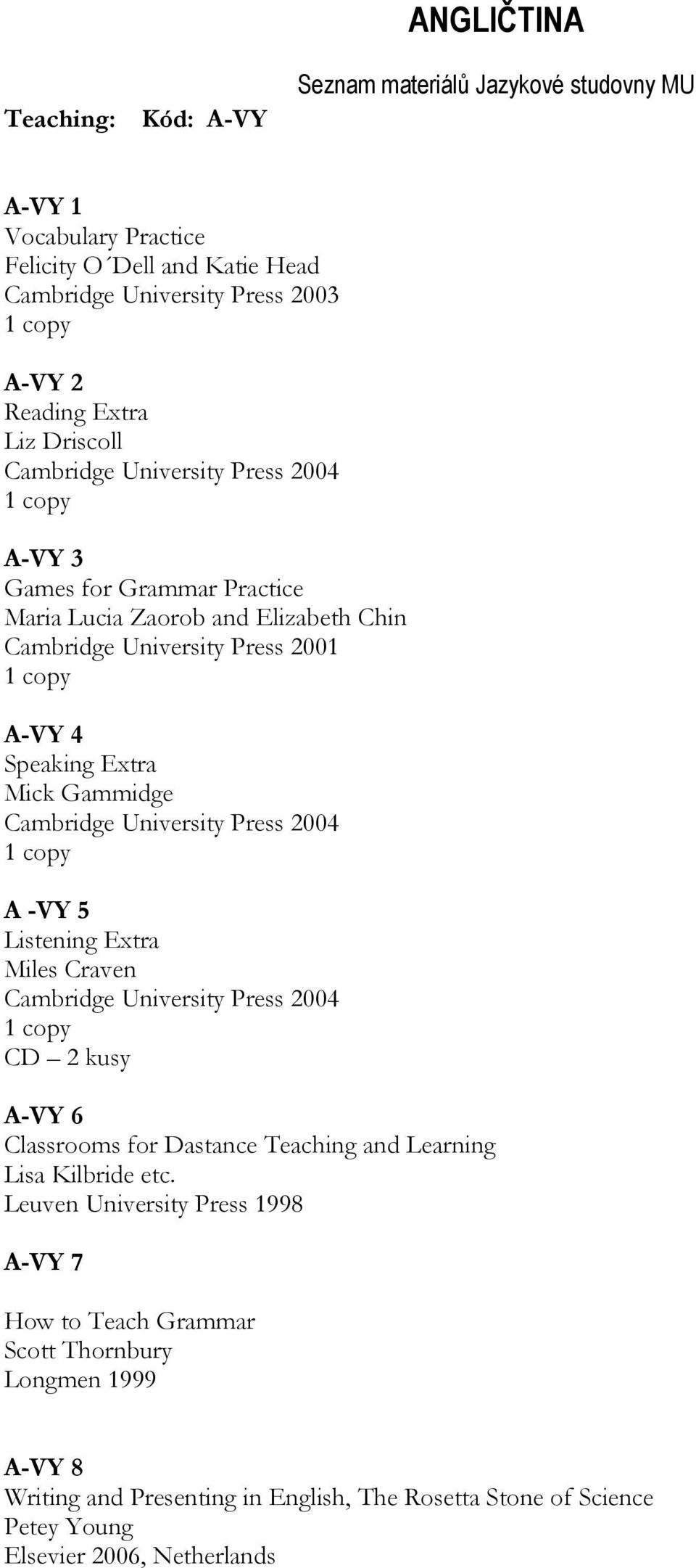 Press 2004 A -VY 5 Listening Extra Miles Craven Cambridge University Press 2004 CD 2 kusy A-VY 6 Classrooms for Dastance Teaching and Learning Lisa Kilbride etc.