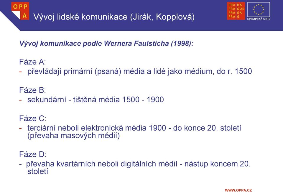 1500 Fáze B: - sekundární - tištěná média 1500-1900 Fáze C: - terciární neboli elektronická média