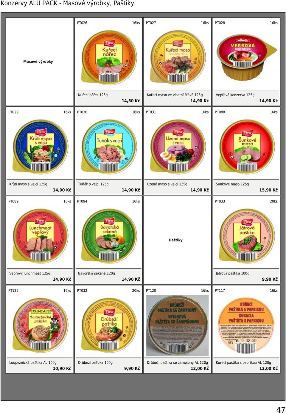 125g 15,90 Kč PT089 1 PT094 1 PT033 20ks Paštiky Vepřový lunchmeat 125g 14,90 Kč Bavorská sekaná 120g 14,90 Kč Játrová paštika 100g 9,90 Kč PT125 1 PT032 20ks