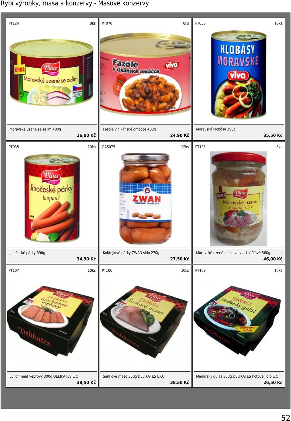 párky ZWAN sklo 270g 27,50 Kč Moravské uzené maso ve vlastní šťávě 580g 46,00 Kč PT107 PT106 PT109 Lunchmeat vepřový
