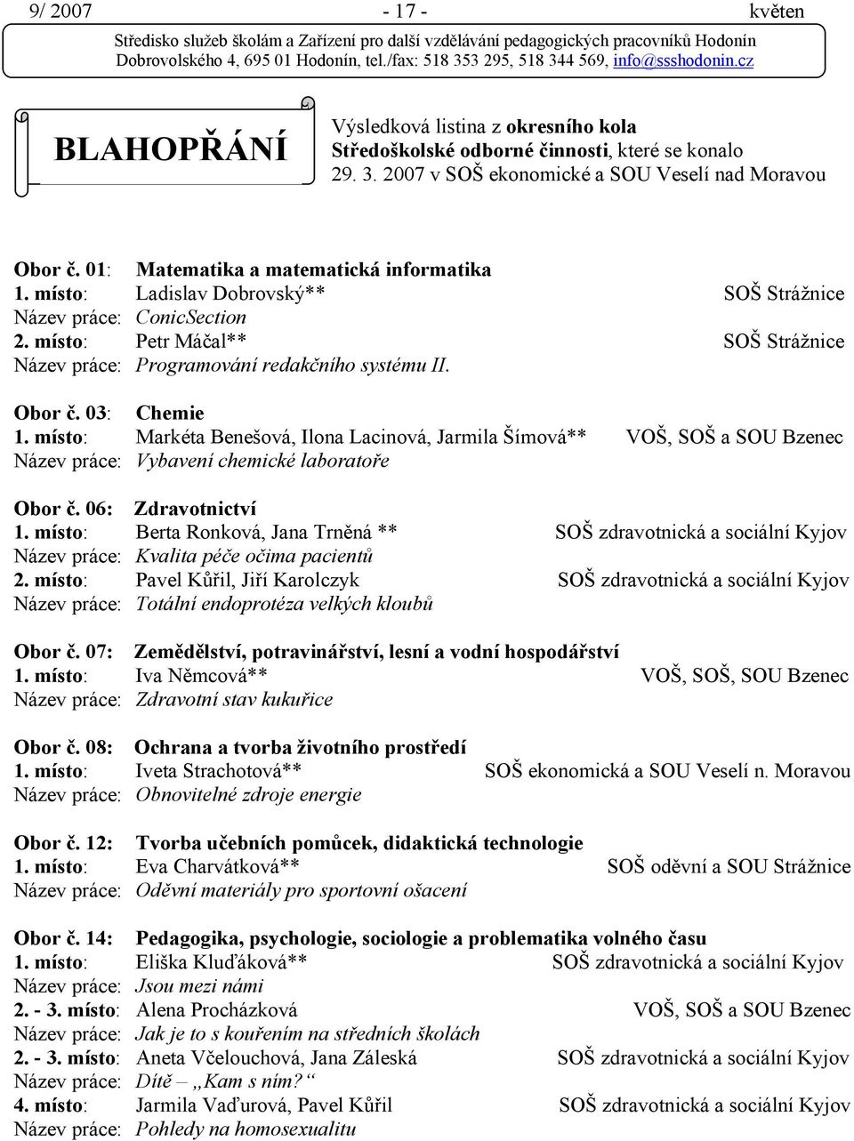 Obor č. 03: Chemie 1. místo: Markéta Benešová, Ilona Lacinová, Jarmila Šímová** VOŠ, SOŠ a SOU Bzenec Název práce: Vybavení chemické laboratoře Obor č. 06: Zdravotnictví 1.