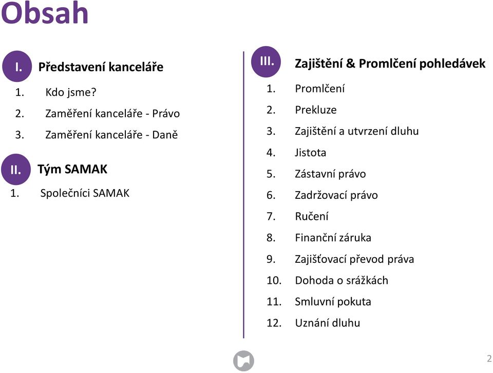 Zajištění & Promlčení pohledávek 1. Promlčení 2. Prekluze 3. Zajištění a utvrzení dluhu 4.