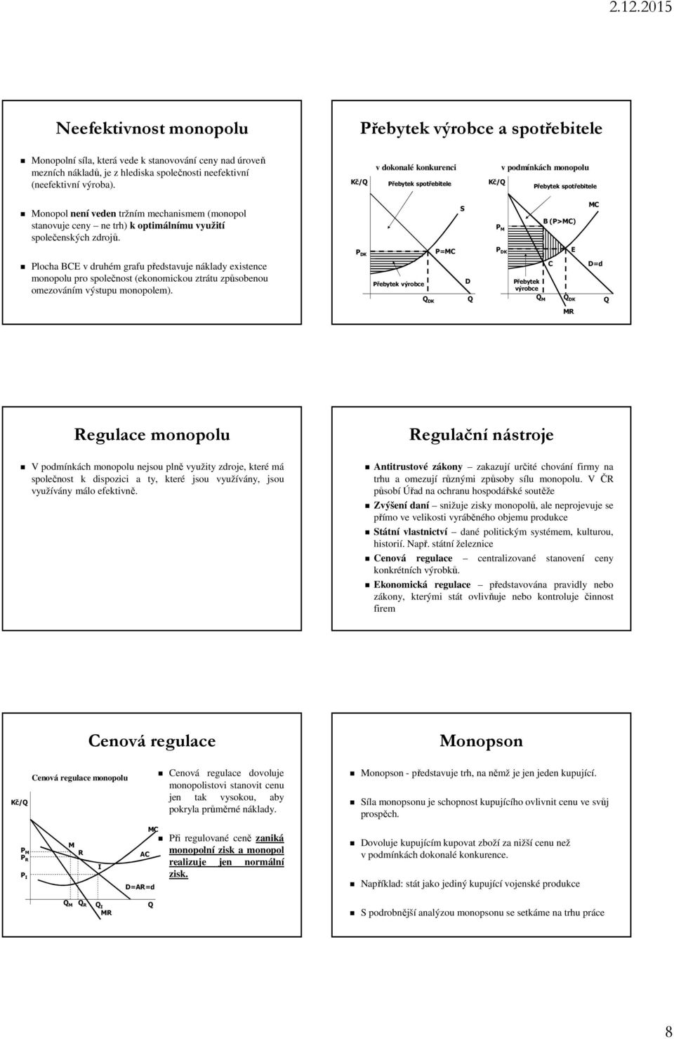 zdrojů. locha BC v druhém grafu představuje náklady existence monopolu pro společnost (ekonomickou ztrátu způsobenou omezováním výstupu monopolem).