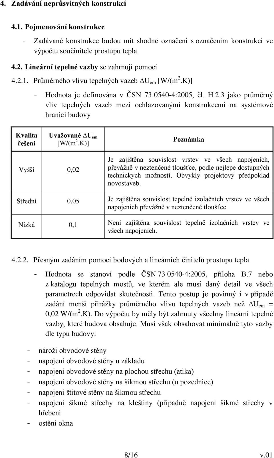 K)] Poznámka Vyšší 0,02 Je zajištěna souvislost vrstev ve všech napojeních, převážně v neztenčené tloušťce, podle nejlépe dostupných technických možností. Obvyklý projektový předpoklad novostaveb.