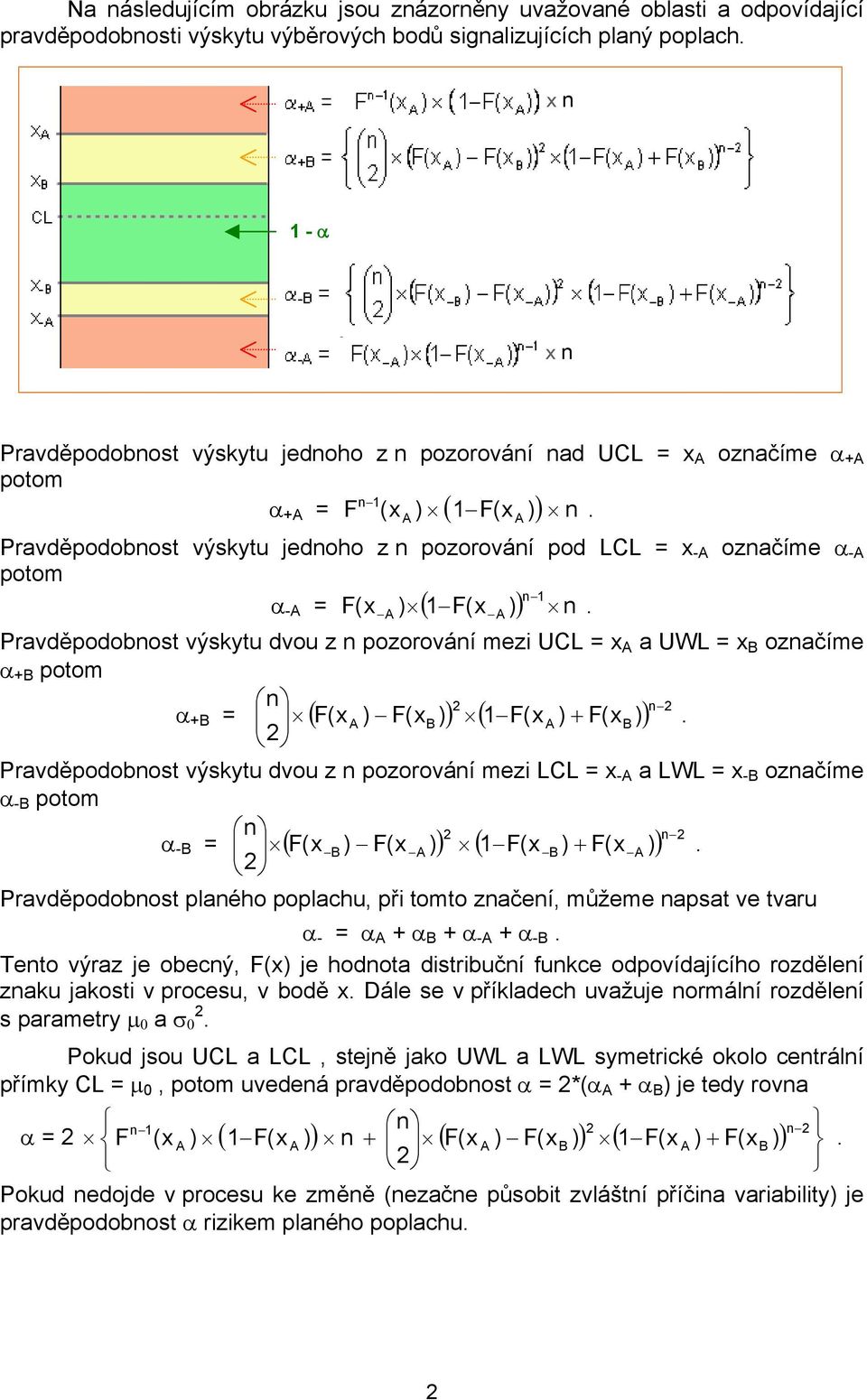 Pravděpodobnost výskytu jednoho z n pozorování pod LCL = x - označíme α - potom n 1 α - = F(x ) ( 1 F(x )) n.