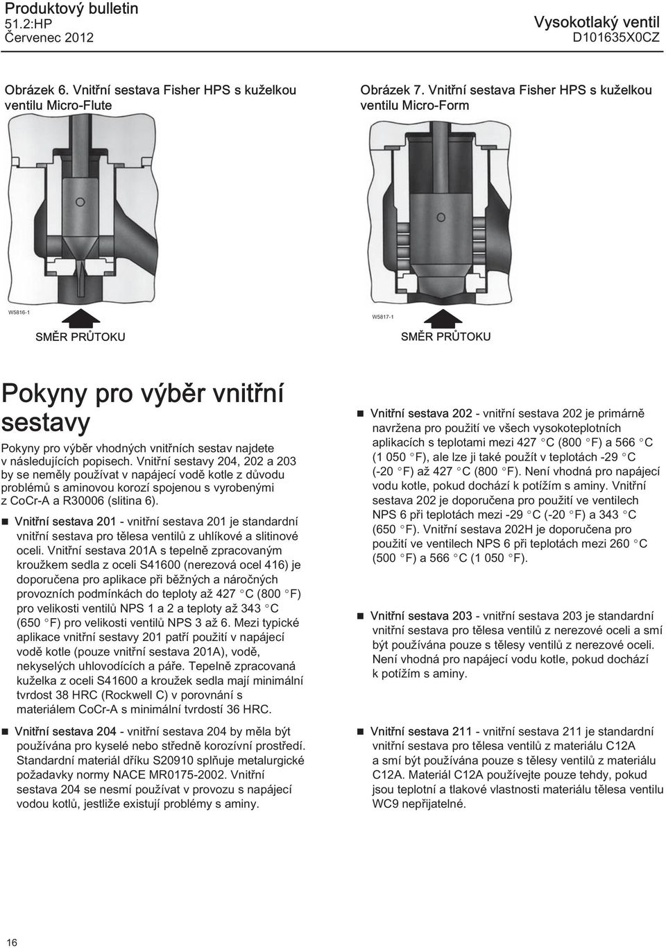 popisech. Vnitřní sestavy 204, 202 a 203 by se neměly používat v napájecí vodě kotle z důvodu problémů s aminovou korozí spojenou s vyrobenými z CoCr-A a R30006 (slitina 6).