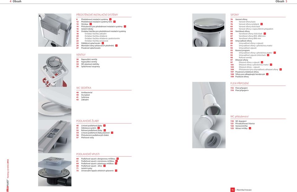 Montážní rámy zařizovacích předmětů N 27 Pisoárové splachovače VENTILY 30 Napouštěcí ventily 32 Vypouštěcí ventily 34 WC plastové nádržky 35 Splachovací soupravy SIFONY 76 Vanové sifony 76 Vanové