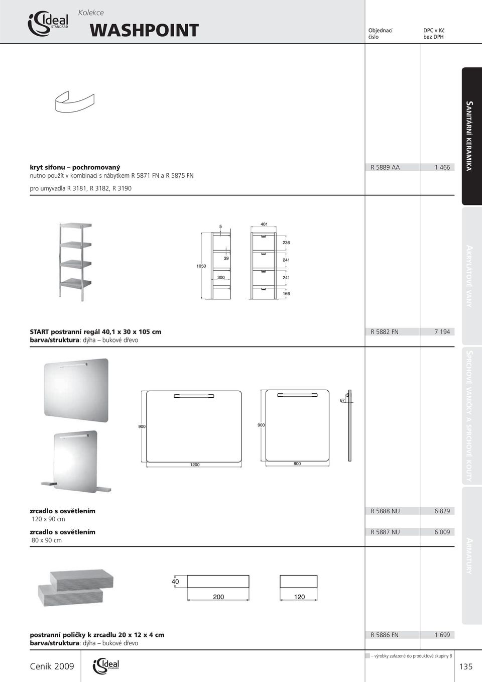 5888 NU 6 829 120 x 90 cm zrcadlo s osvětlením R 5887 NU 6 009 80 x 90 cm SANITÁRNÍ KERAMIKA AKRYLÁTOVÉ VANY SPRCHOVÉ VANIČKY A