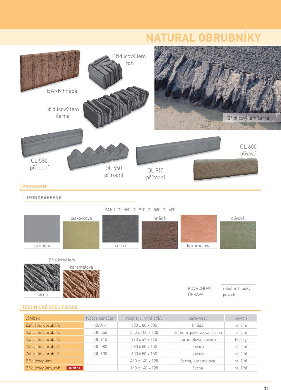 d/š/v barevnost povrch Zahradní obrubník BARK 600 x 80 x 300 hnědá reliéfní Zahradní obrubník OL 550 550 x 100 x 130 přírodní, pískovcová, černá reliéfní Zahradní obrubník OL 910 910 x 47 x 140