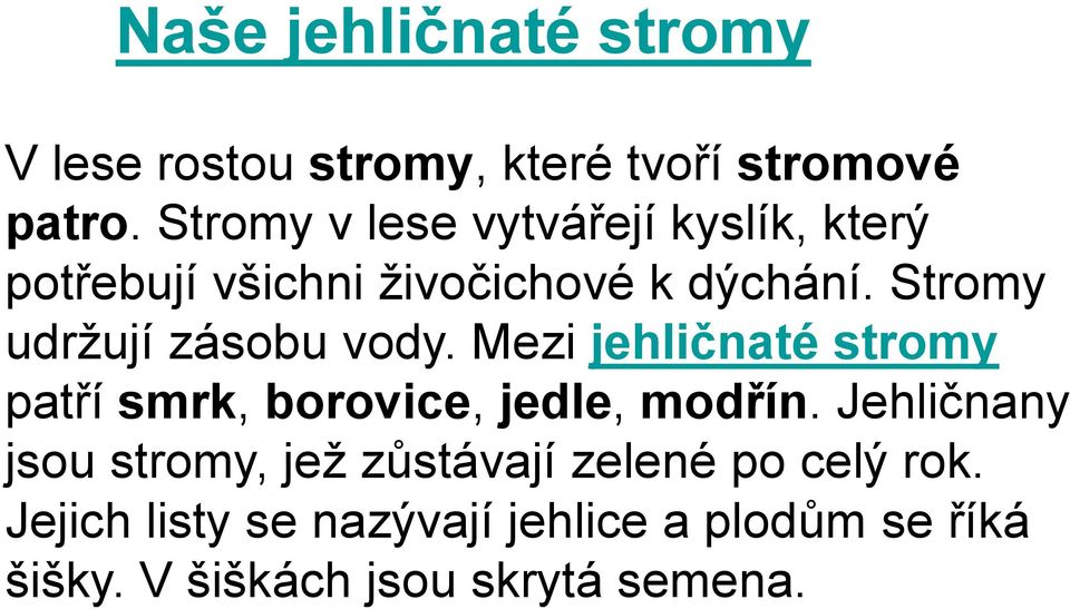 Stromy udržují zásobu vody. Mezi jehličnaté stromy patří smrk, borovice, jedle, modřín.