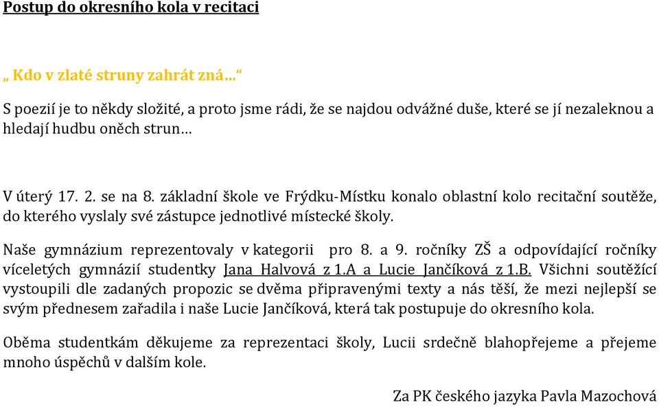 Naše gymnázium reprezentovaly v kategorii pro 8. a 9. ročníky ZŠ a odpovídající ročníky víceletých gymnázií studentky Jana Halvová z 1.A a Lucie Jančíková z 1.B.